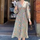 Puff-sleeve Floral Print V-neck Midi Dress