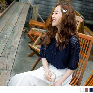 Tie-neck Short-sleeve Round Neck Lace Top