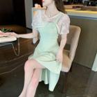 Set; Short-sleeve Crop Lace Top + Wide Strap Midi Dress