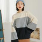 Color Block Drop Shoulder Loose Sweater Beige & Gray & Black - One Size