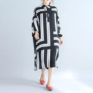 Striped Long-sleeve Midi Collared Dress