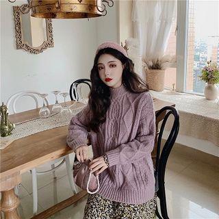 Plain Mock-neck Loose-fit Long-sleeve Cable-knit Sweater / Floral V-neck Loose-fit Long-sleeve A-line Dress