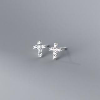 Cross Rhinestone Sterling Silver Earring 1 Pair - Silver - One Size