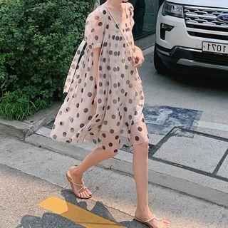 Puff Sleeve Square Neck Dotted Print Mesh A-line Dress