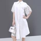 Lace Panel Short-sleeve Midi A-line Shirtdress