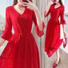 3/4-sleeve V-neck Lace Midi Dress