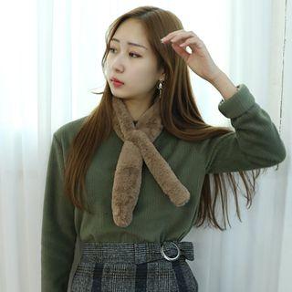 Brushed Fleece Round-neck Ribbed Knit Top