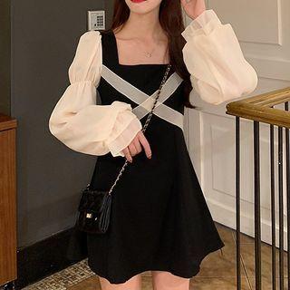 Long-sleeve Square-neck Two-tone Mini A-line Dress
