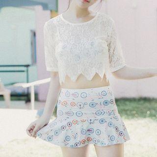 Set: Printed Bikini Top + Swim Skirt + Cover-up Top