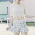 Set: Printed Bikini Top + Swim Skirt + Cover-up Top