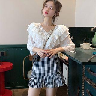 Long-sleeve Top / Plaid Mini Skirt
