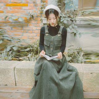 Corduroy A-line Midi Skirt / Buttoned Vest / Rib Knit Top / Set