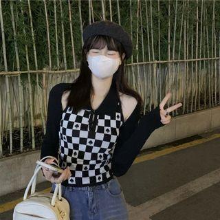 Set: Long-sleeve Shrug + Collared Checkerboard Knit Camisole Top Set Of 2 - Shrug & Checkerboard Knit Camisole Top - Black & White - One Size