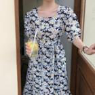 Puff-sleeve Floral Printed Slim Fit Dress As Shown In Figure - One Size