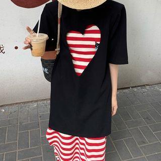 Elbow-sleeve Heart Cut-out Top / Striped Midi Sheath Tank Dress / Set