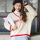 Letter Embroidered V-neck Sweater
