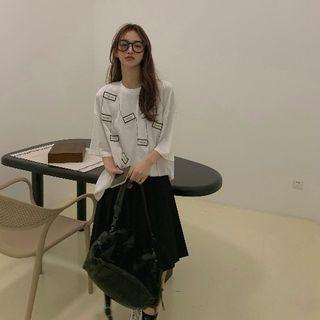 Elbow-sleeve Patched T-shirt / Pleated Midi A-line Skirt