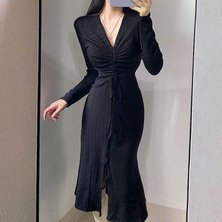 Drawstring V-neck Slit Midi Dress