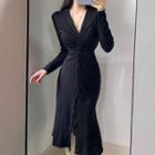 Drawstring V-neck Slit Midi Dress