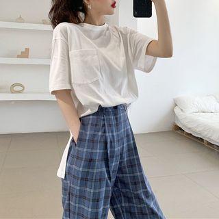 Short-sleeve Slit T-shirt / Plaid Wide-leg Pants