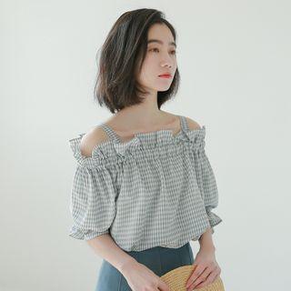 Elbow-sleeve Plaid Blouse Plaid - Green & White - One Size