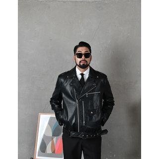 Zip-detail Belted Pleather Rider Jacket