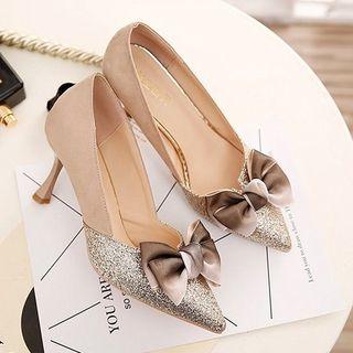 Bow-accent Glitter Kitten Heel Pumps