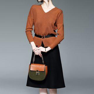 Set: V-neck Sweater + Midi Skirt