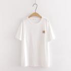 Smiley Face Embroidered Elbow-sleeve T-shirt White - One Size