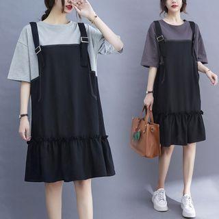 Mock Two-piece Short-sleeve Buckled A-line Dress