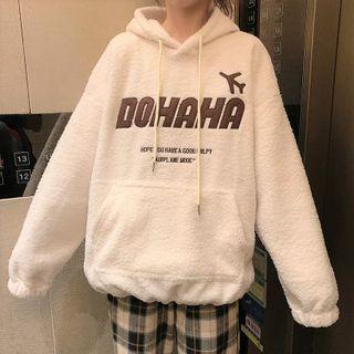 Fleece Loose-fit Zip-up Long-sleeve Lettering Hoodie