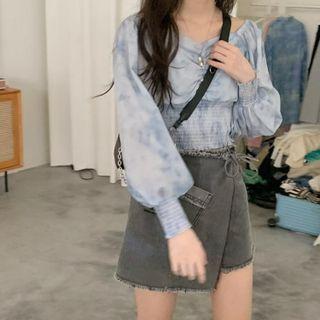Long-sleeve Tie-dye Print Cropped Blouse Light Blue - One Size