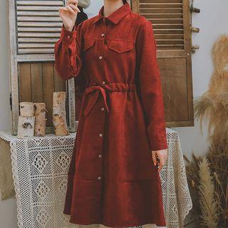 Long-sleeve Corduroy Buttoned A-line Midi Dress