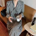 Long-sleeve Tie-neck Plaid Midi Dress