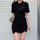 Short-sleeve Drawstring Mini Sheath Polo Dress Black - One Size