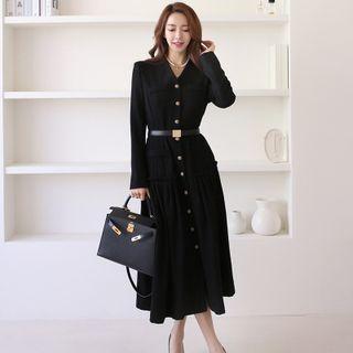 V-neck Midi A-line Dress With Belt