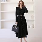 V-neck Midi A-line Dress With Belt