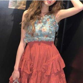 Flutter Strap Floral Print Top / Mini Layered Skirt