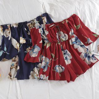 Off Shoulder Floral Elbow-sleeve Playsuit