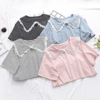 Short-sleeve Lace Trim Collar Striped T-shirt