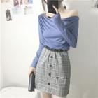 Long-sleeve Top / Plaid A-line Skirt