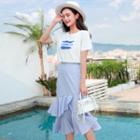 Set: Lettering Short-sleeve T-shirt + Striped Midi Mermaid Skirt