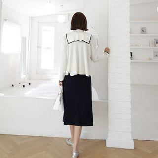 Sailor-collar Slit-side Piped Cardigan