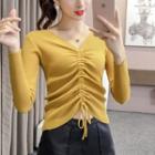 Drawstring Front V-neck Knit Top
