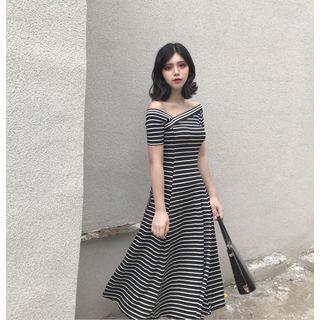 Stripe Off-shoulder Short-sleeve Dress
