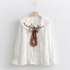Puff-sleeve Letter Embroidered Ruffled Blouse Long-sleeve - White - One Size