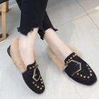 Studded Suede Fluffy Trim Buckled Loafers