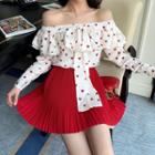 Heart Print Off-shoulder Long-sleeve Top / Pleated Skirt