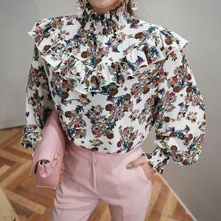 Smock-detail Frilled Floral Pattern Top