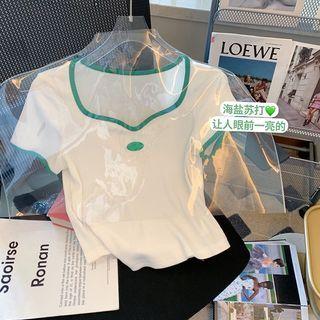 Short-sleeve Square-neck Contrast Trim Cropped Top